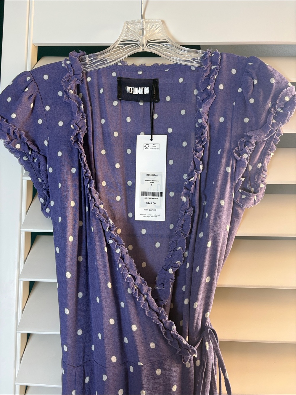 Reformation Lavender Polka Dot Wrap Midi Dress, size Small - Picture 3 of 12